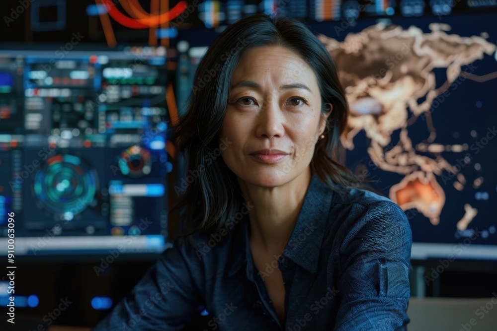 A business executive sits assuredly in front of complex high-tech data visualizations, representing leadership, strategic thinking, and the role of technology in business. A business executive sits assuredly in front of complex high-tech data visualizations, representing leadership, strategic thinking, and the role of technology in business.