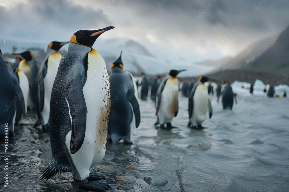 Obraz premium a group of emperor penguin chicks huddled together on an icy plain. Their soft feathers and innocent expressions capture the beauty of Antarctic wildlife.