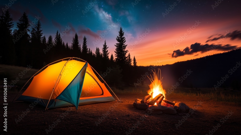 camping site featuring a tent and a campfire set against a clear twilight sky with the Milky Way camping site featuring a tent and a campfire set against a clear twilight sky with the Milky Way