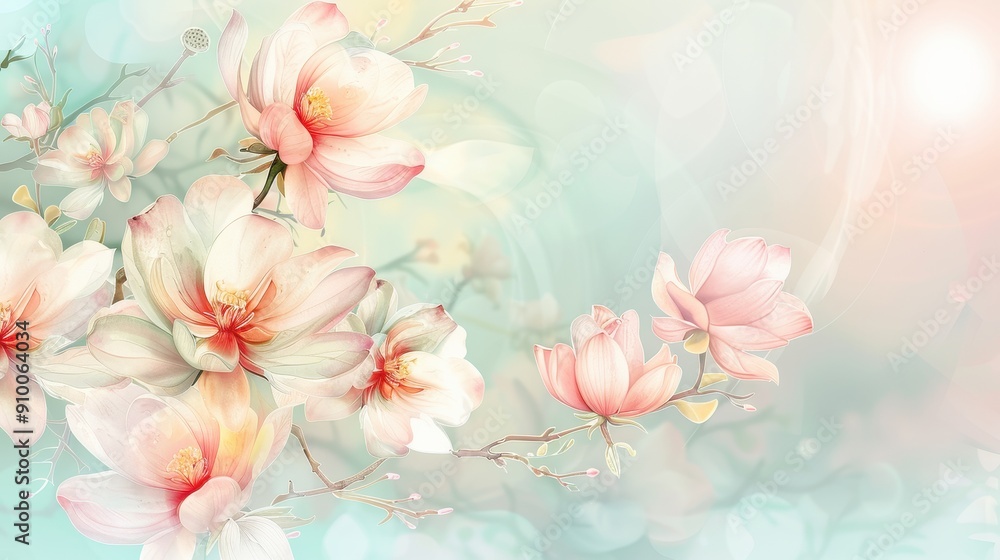 Obraz premium A beautiful painting of a bunch of pink flowers with a blue background