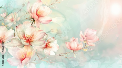 A beautiful painting of a bunch of pink flowers with a blue background