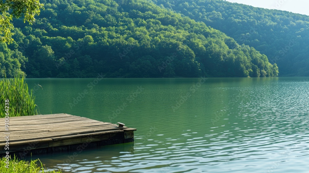 Fototapeta premium A weathered wooden dock extends over a tranquil lake, framed by green grass and distant mountains under a bright blue sky with scattered clouds