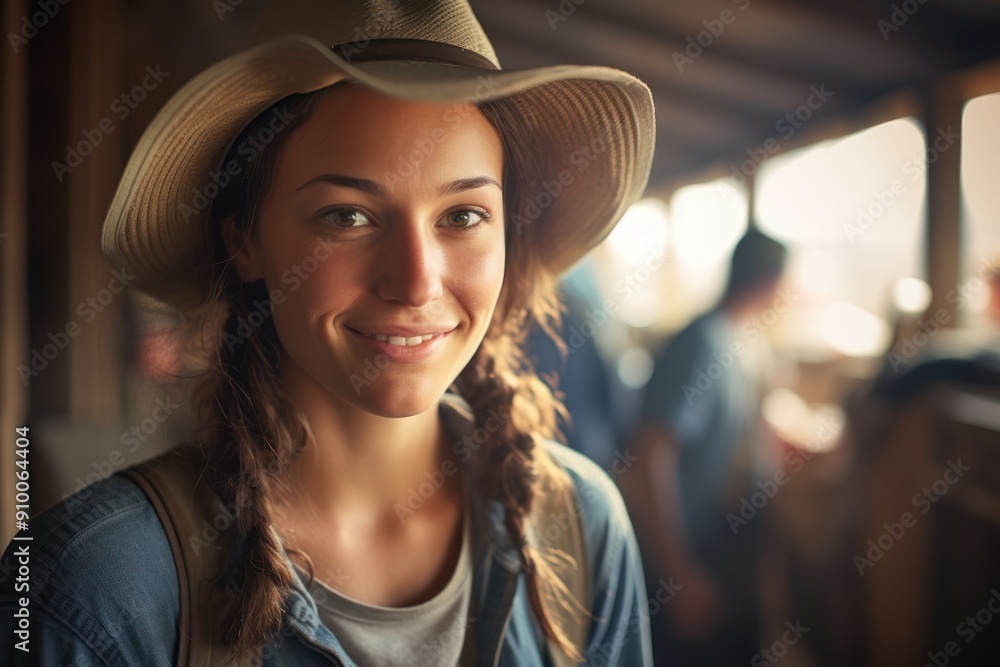 Portrait of smiling female farmer in stable on a farm Portrait of smiling female farmer in stable on a farm