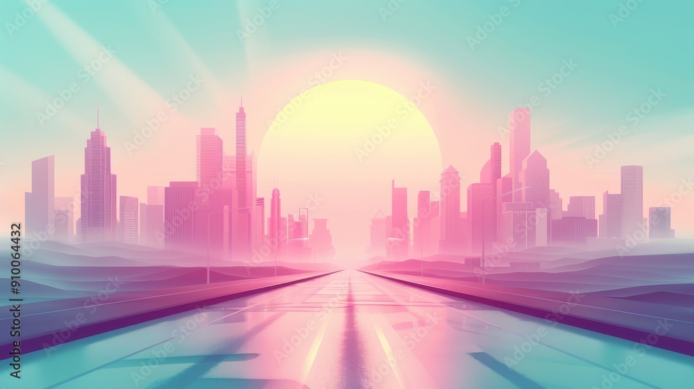 A city skyline with a large sun in the background A city skyline with a large sun in the background