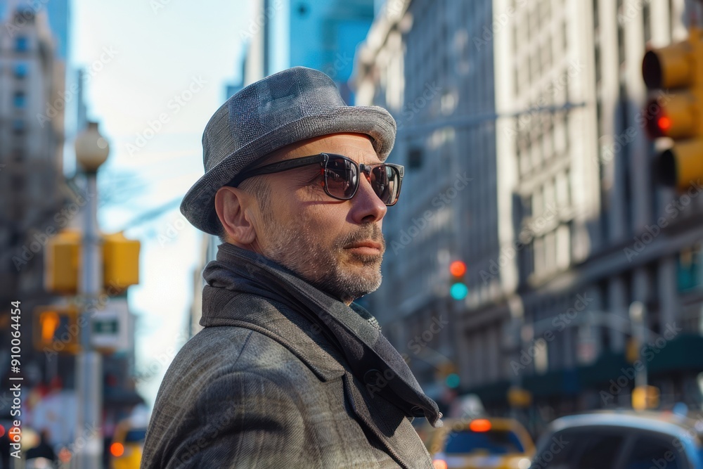 portrait of stylish middle aged man walking, in the city with skyscrapers, portrait of stylish middle aged man walking, in the city with skyscrapers,