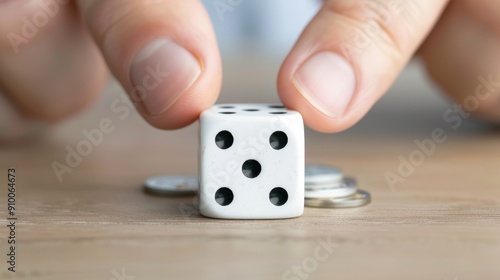 A hand is holding a white die on a table photo