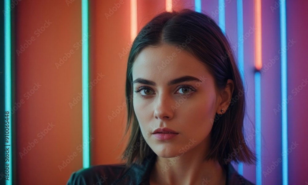 Pretty woman posing on neon background or backdrop. Generative AI Pretty woman posing on neon background or backdrop. Generative AI
