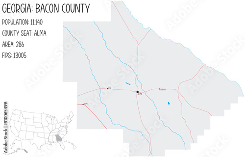 Large and detailed map of Bacon County in Georgia, USA.