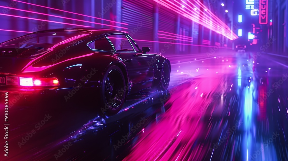 Retro Futuristic Car Driving Through Neon-Lit City Street at Night with Reflections on Wet Road Retro Futuristic Car Driving Through Neon-Lit City Street at Night with Reflections on Wet Road