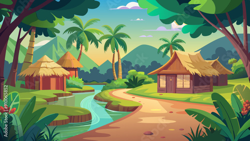 ancient village hut my by banana leaf coconut vector illustration