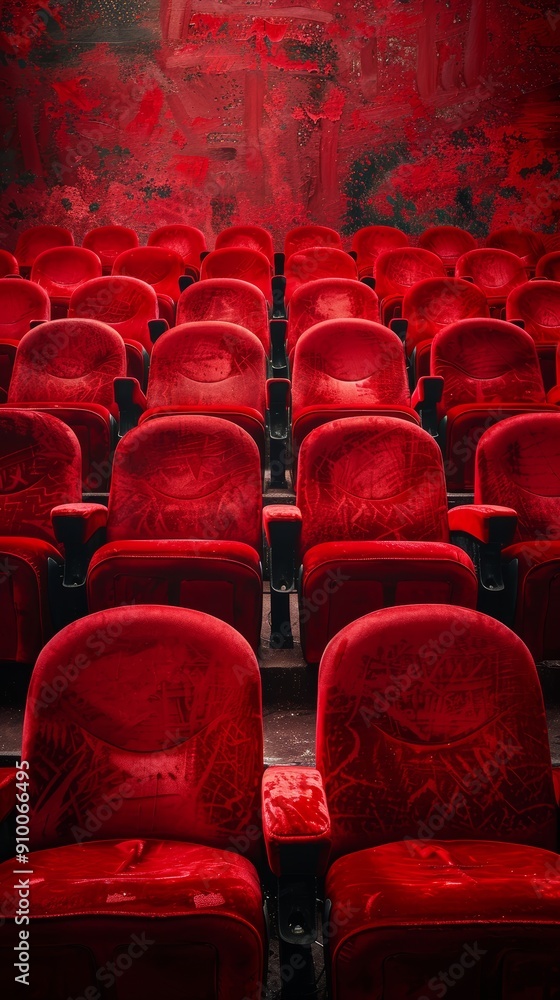 Obraz premium Rows of Red Velvet Theater Seats in an Empty Auditorium with Artistic Wall Background