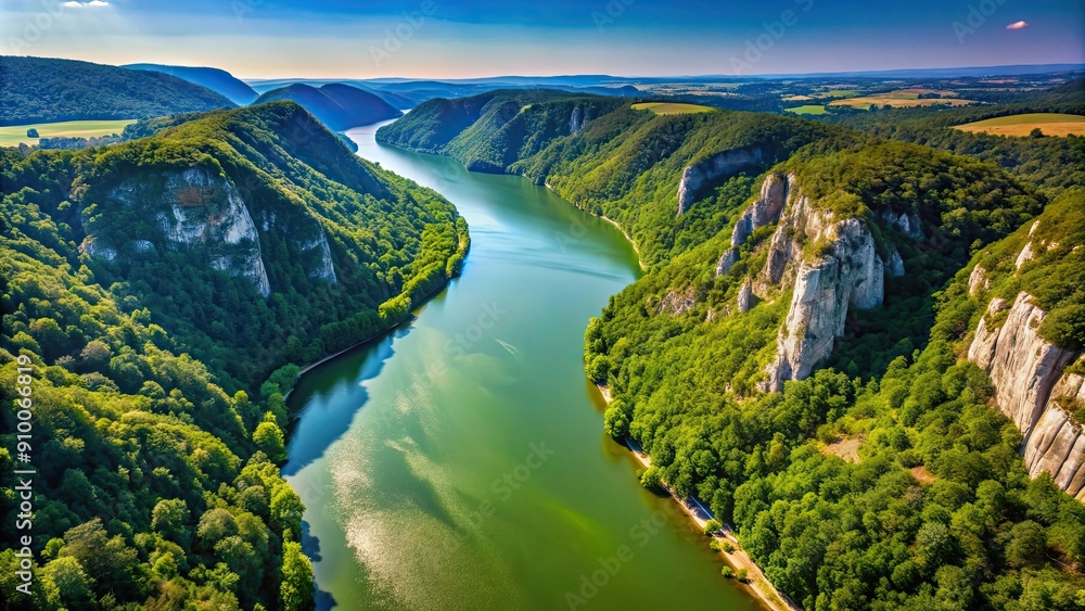 Aerial view of the stunning summer landscape above the Danube Gorge in Dubova, Romania, Danube River, Gorge, Aerial View Aerial view of the stunning summer landscape above the Danube Gorge in Dubova, Romania, Danube River, Gorge, Aerial View