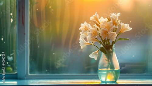 flowers in vase with sunset background from the window