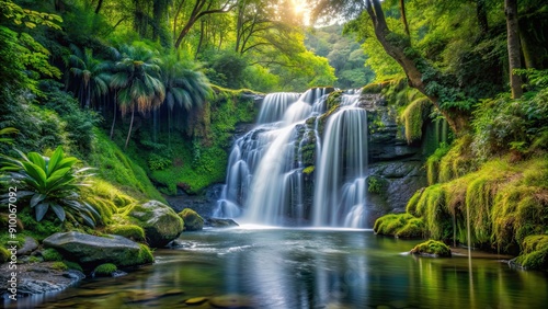 Peaceful waterfall cascading in a lush forest setting, waterfall, forest, nature, serene, tranquil, scenic, landscape