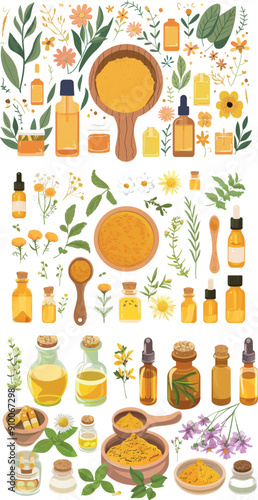 The system of naturopathy. Medicinal plants leaves and flowers. A bowl mortar cup with herbal tea berries. Ginger aloe calendula mint.