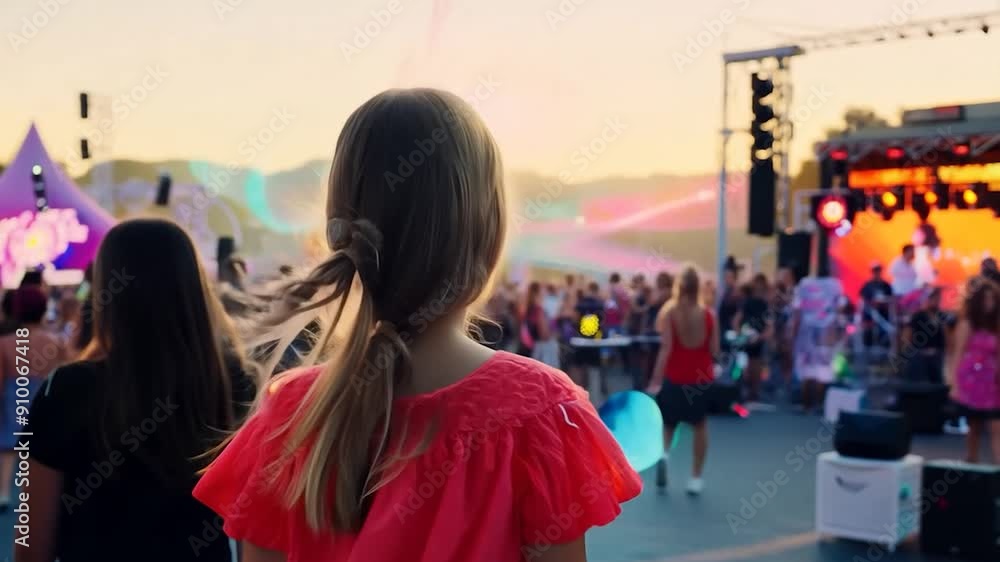 A young woman in a pink dress stands watching an outdoor concert at sunset, surrounded by cheering spectators and vibrant stage lights A young woman in a pink dress stands watching an outdoor concert at sunset, surrounded by cheering spectators and vibrant stage lights
