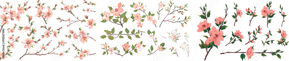 A modern collection of isolated nature elements showing cherry blossoms. Leaves. Bloom. Green branches with flowers. Petals. Buds. Pink sakura. A modern collection of isolated nature elements showing cherry blossoms. Leaves. Bloom. Green branches with flowers. Petals. Buds. Pink sakura.