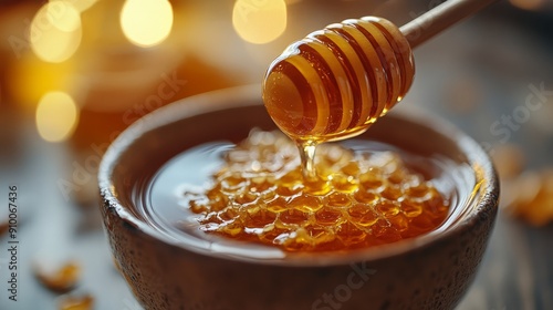 Stunning 8k image of honey being stirred into a cup of hot tea, highlighting the soothing and natural sweetness of honey.