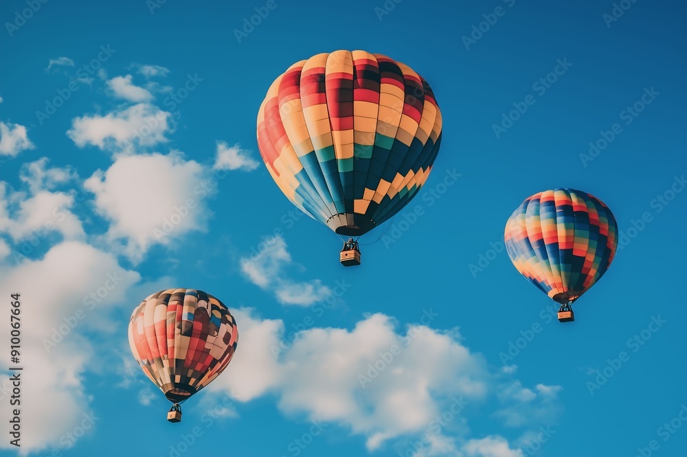 Fototapeta premium Vibrant hot air balloons float against a clear blue sky with scattered clouds, showcasing a scenic and adventurous flight experience.
