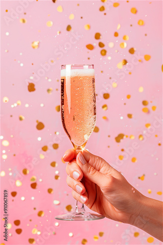 hand holding a glass of champagne with glitter and golden confetti in the air, pink background photo