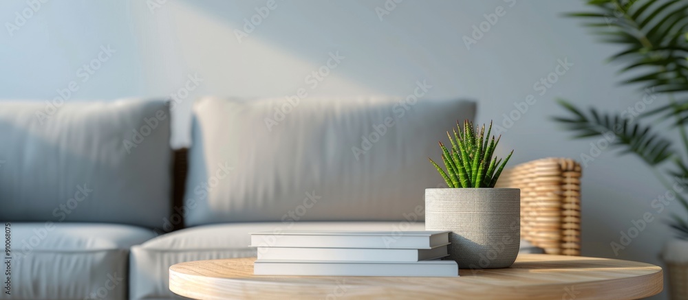 wooden table with books and a potted plant on top in front of a blurry background of a modern living room wooden table with books and a potted plant on top in front of a blurry background of a modern living room