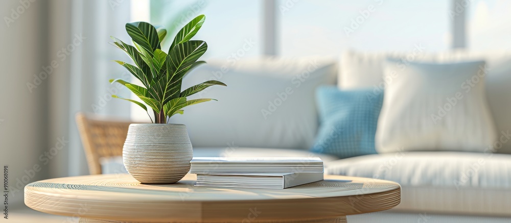 wooden table with books and a potted plant on top in front of a blurry background of a modern living room wooden table with books and a potted plant on top in front of a blurry background of a modern living room