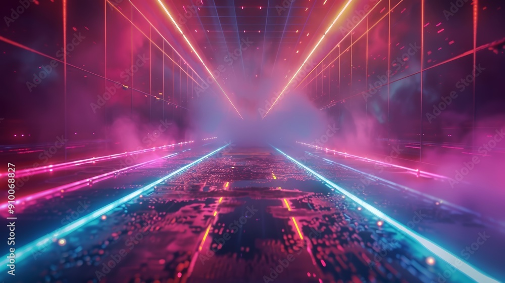 Futuristic Neon Light Tunnel with Fog and Reflections in a Cyberpunk Style Futuristic Neon Light Tunnel with Fog and Reflections in a Cyberpunk Style