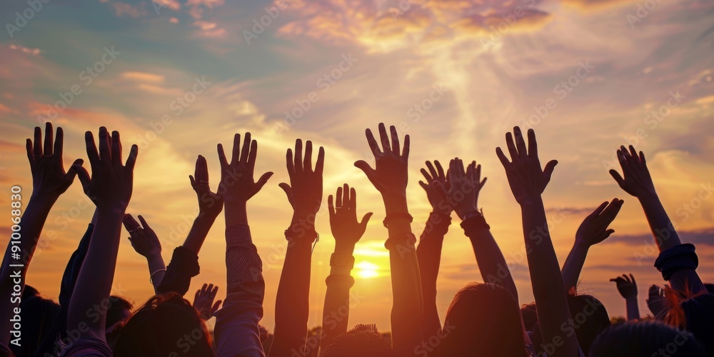group of teenagers raising hands on a sunset. Generative AI group of teenagers raising hands on a sunset. Generative AI