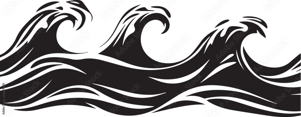Fototapeta premium Silhouette of water wave vector icon, Wave beach vector symbol, Set of sea wave logo in black