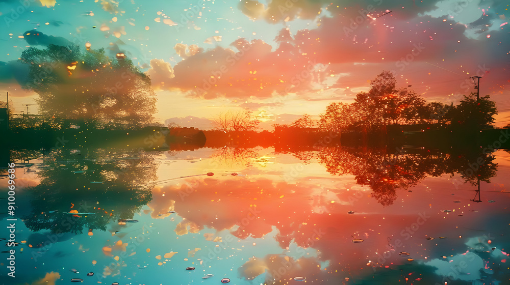 Reflective Sunset with Silhouetted Trees Illustration Reflective Sunset with Silhouetted Trees Illustration