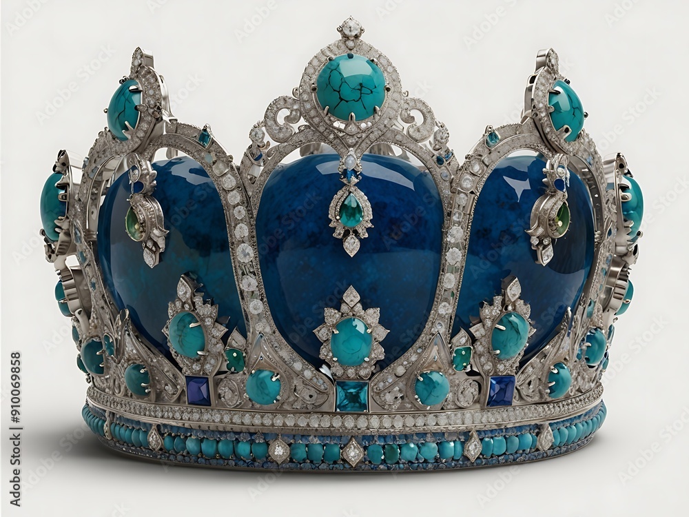 Obraz premium An intricately designed 18-karat silver crown featuring a vivid iranian turquoise, sapphire flanked by shimmering diamonds, capturing the luxurious and sofistication
