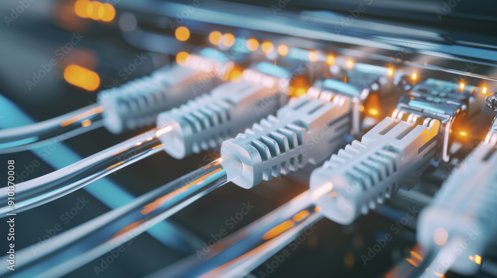 A network switch with multiple connected Ethernet cables emits glowing lights, illustrating the concept of digital connectivity and modern technology. A network switch with multiple connected Ethernet cables emits glowing lights, illustrating the concept of digital connectivity and modern technology.