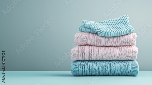 Cozy knitted sweaters stacked for winter warmth