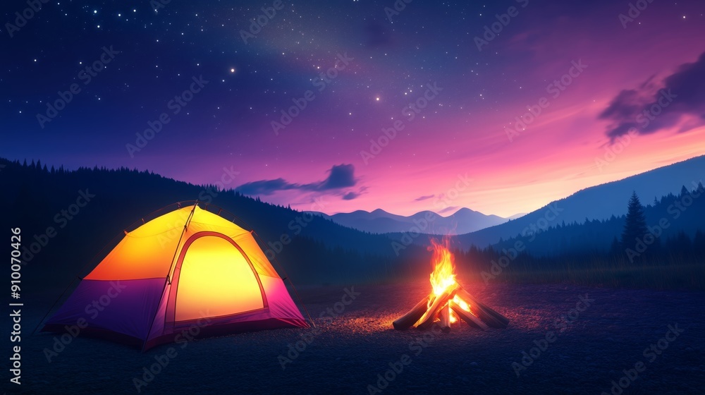 camping scene featuring a tent and a campfire under a clear twilight sky filled with stars. camping scene featuring a tent and a campfire under a clear twilight sky filled with stars.