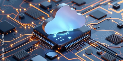 blue glowing cloud icon floating on top, surrounded by circuit boards and computer chips.