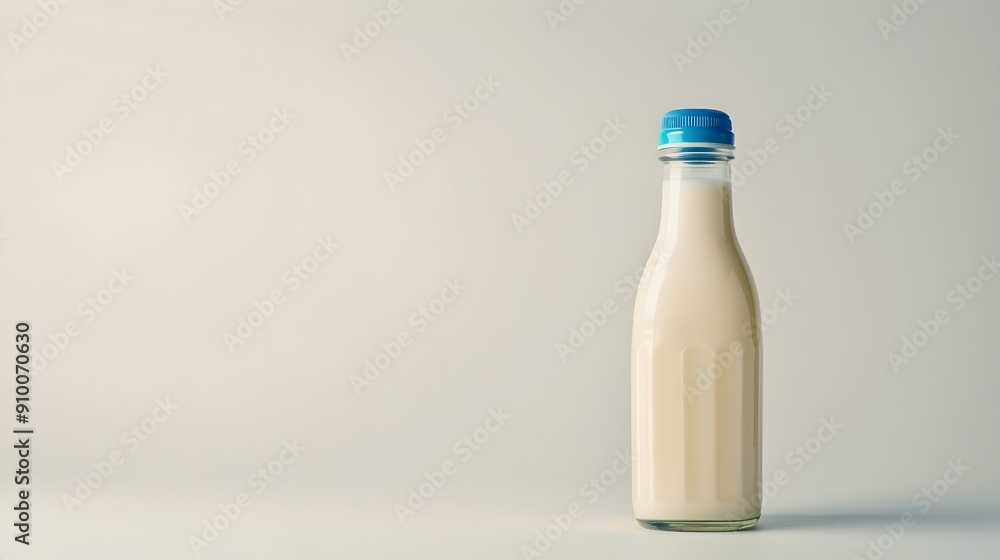 Classic Glass Bottle of Milk with Blue Cap on White Background Classic Glass Bottle of Milk with Blue Cap on White Background
