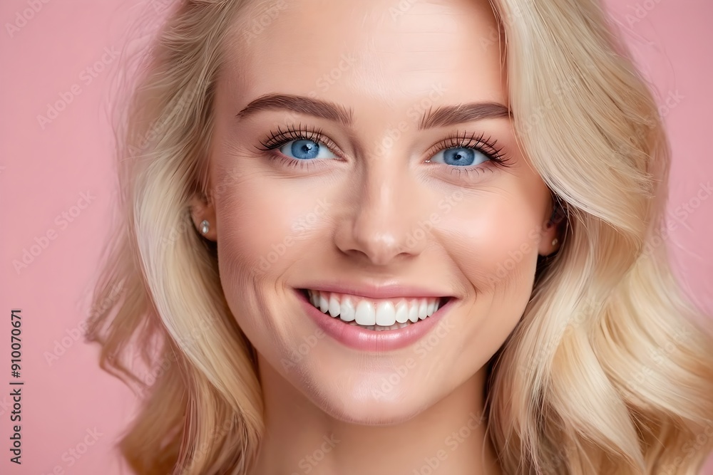 Close-up of a happy blonde woman with a radiant smile and white teeth. Natural beauty and joyful expression, isolated on a pink background. Close-up of a happy blonde woman with a radiant smile and white teeth. Natural beauty and joyful expression, isolated on a pink background.