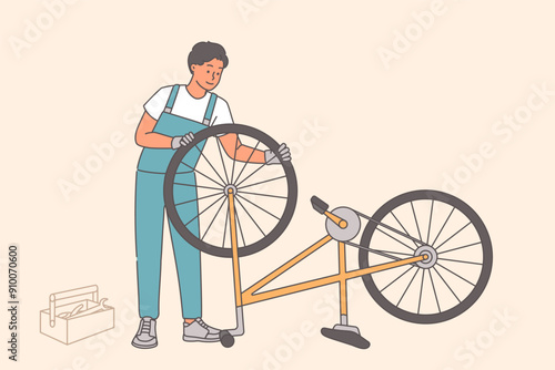 Man is bicycle repairman, fixing wheels or assembling cycle from purchased spare parts