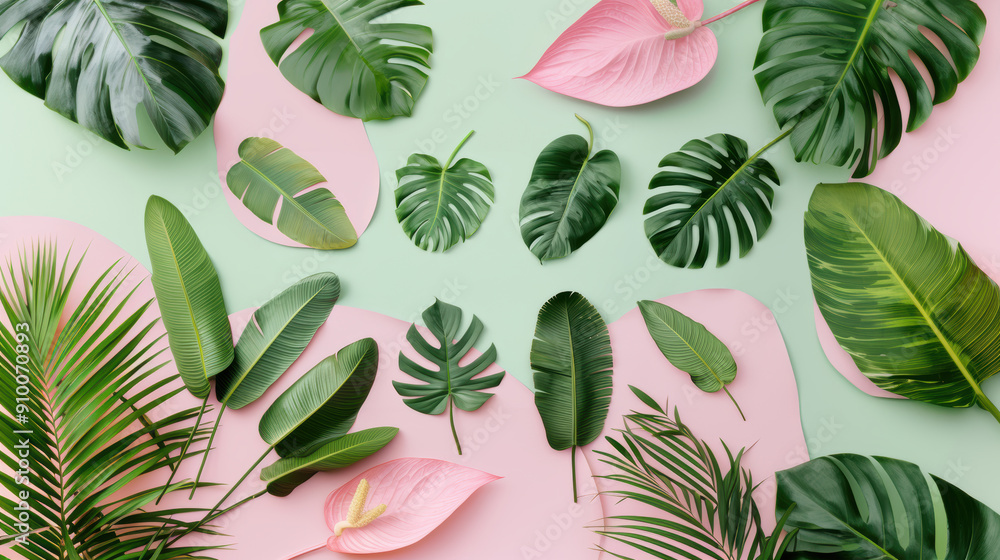 Fototapeta premium Tropical green leaves pattern laying on pink and green background