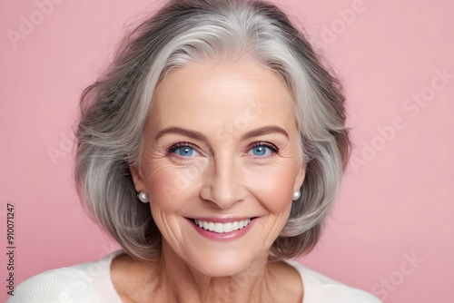 Portrait of a beautiful smiling senior woman with white teeth and gray hair. Joyful expression on a pink background.