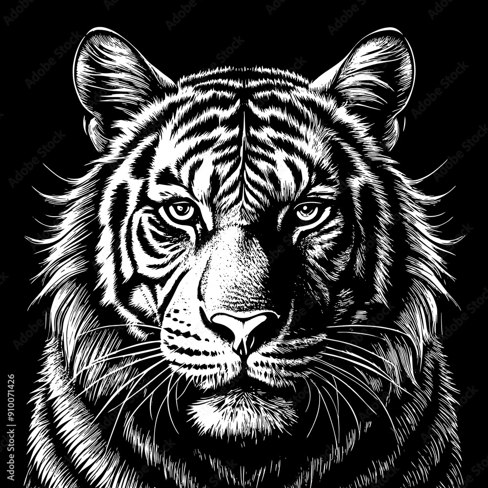 Fototapeta premium A tiger face with distinct stripes, art, engraving