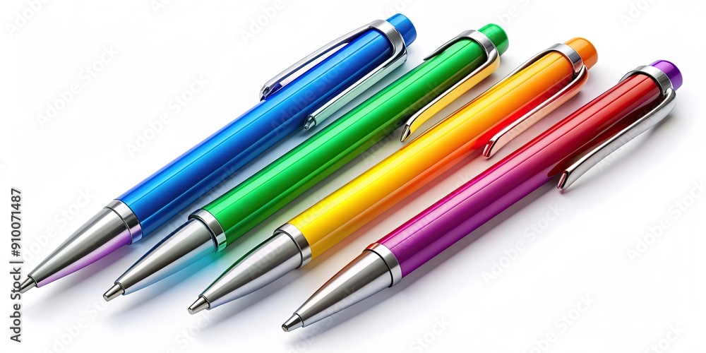 Fototapeta premium Collection of five colorful pens for back to school supplies isolated on background, back to school, pens