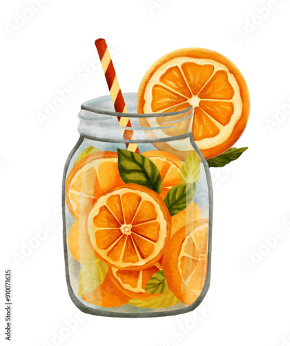 Watercolor refreshing orange lemonade in jar photo