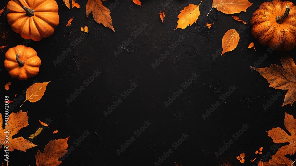 Autumn pumpkins leaves on dark backdrop Autumn pumpkins leaves on dark backdrop