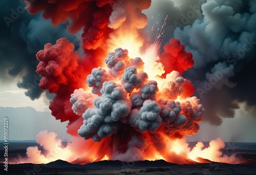 A dramatic scene of a mountain explosion, with thick smoke and fiery flames erupting into the sky.