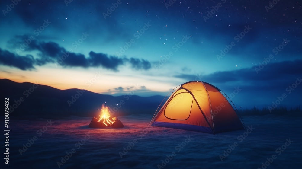 camping scene featuring a tent and a campfire under a clear twilight sky filled with stars. camping scene featuring a tent and a campfire under a clear twilight sky filled with stars.