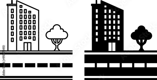 City Icons. Black and White Vector Icons. Multi-Storey Building, Tree, and Road. Street, Residential Area. Road Concept