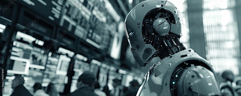 Futuristic robot in a busy environment, showcasing advanced technology and human interaction in a modern setting. Futuristic robot in a busy environment, showcasing advanced technology and human interaction in a modern setting.