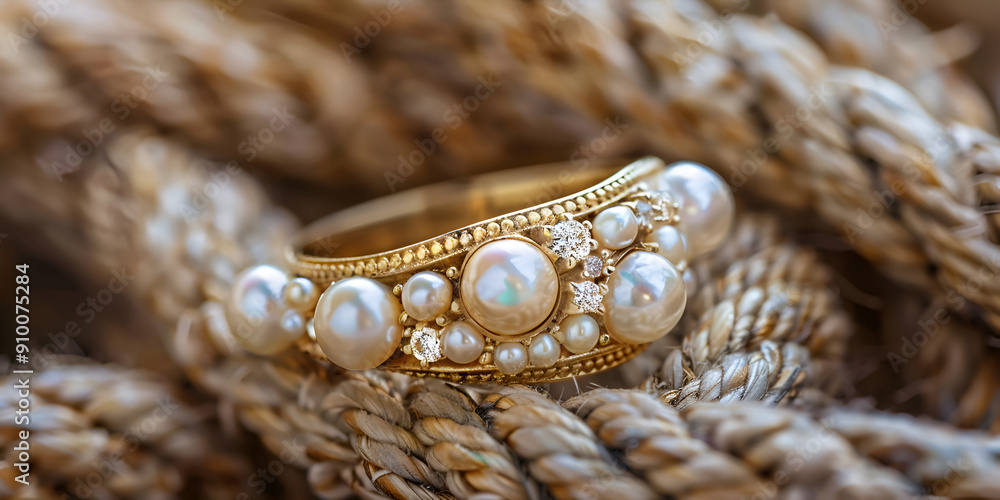 Fototapeta premium “Gold Ring with Pearl Beads Resting on Rope - Elegant Jewelry Design”