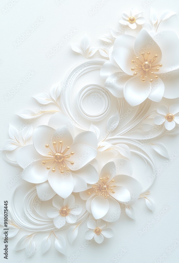 金色の花と渦巻きの3D白背景 金色の花と渦巻きの3D白背景